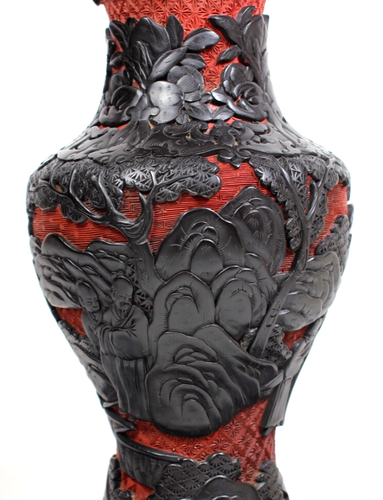 Pair of Fine Antique Qing Dynasty Hand Carved Red & Black Lacquer Vases - Picture 18 of 23