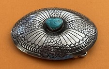 VTG Domed Sterling Silver  Turquoise Hand Stamped Native Signed DJ Belt Buckle