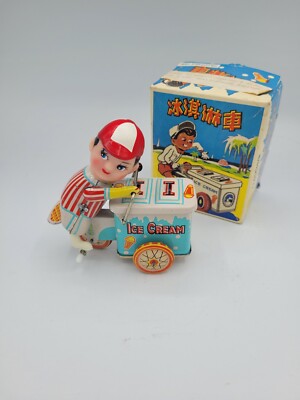 VINTAGE 80s WIND UP TIN LITHO TOY ICE CREAM VENDOR CHINA | eBay