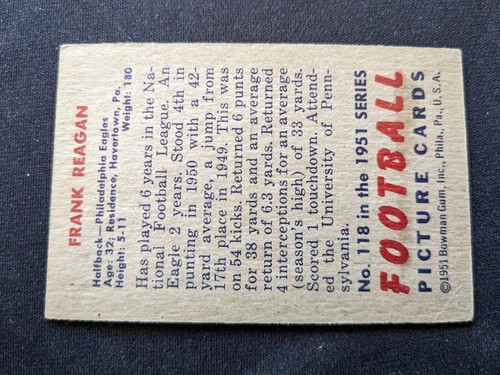 1951 Bowman Football Card # 118 Frank Reagan - Philadelphia Eagles (VG/EX) - Picture 2 of 3