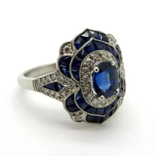 Art Deco Vintage Style Lab-Created Sapphire & Diamond Engagement 925 Silver Ring - Picture 1 of 9