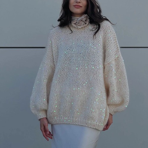 Mohair Loose Round Neck Lantern Sleeve Head Knitted Sweater Sequined Sweater - Picture 6 of 18