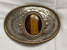 Vtg Silver Belt Buckle, Oval Bezel Mounted Tiger Eye Agate Gold Highlights