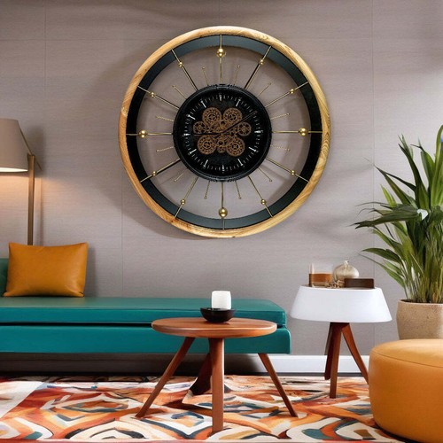 The Gears Clock SPAIN LINE WALL CLOCK ROUND 32 INCH "BARCELONA" BLACK AND WOOD - Picture 11 of 24