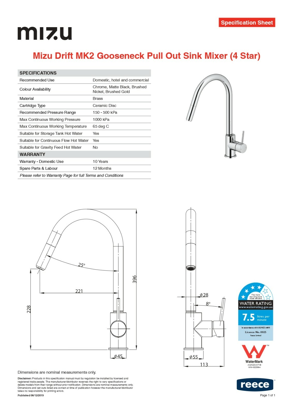 Mizu DRIFT MK2 GOOSENECK PULL OUT SINK MIXER 35mm Ceramic Disc
