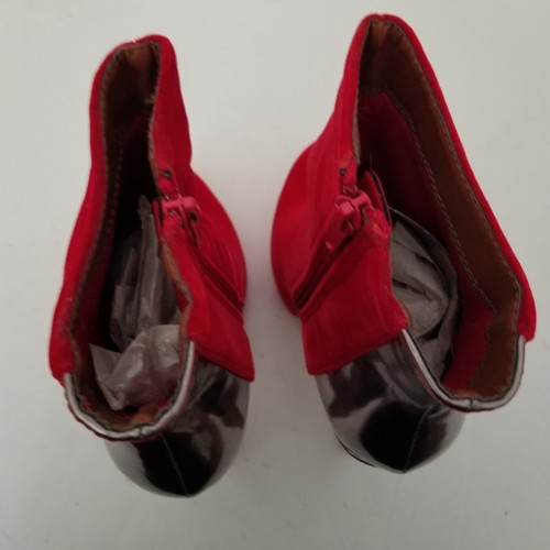 Bucco Brand Tuccia Red Velveteen Bronze Metallic 5 ½”High Heel Ankle Bootie - Picture 6 of 9