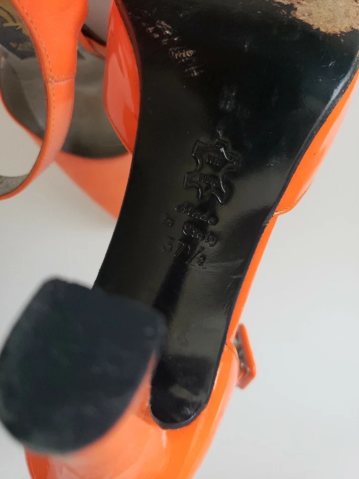 Patrick Cox Ankle Strap Pump 37.5 Neon Orange Leather Heel Shoes Italy - Image 4 of 4