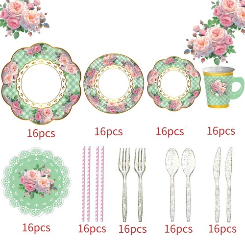 Tea Party Supplies Floral Dinnerware 16 Guests Paper Tea Cups with Saucer, Plate - Bild 2 von 19