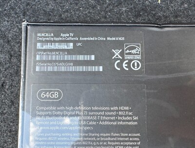 Apple TV (4th Generation) 64GB HD Media Streamer - A1625 for Apple TV (4th Generation) 64GB HD Media Streamer - A1625 for