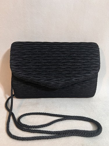Whiting and Davis black satin evening bag box pleated clutch shoulder purse  - Picture 2 of 10