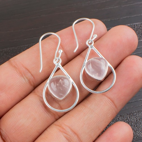 Rose Quartz Gemstone 925 Sterling Silver Jewelry Handmade Drop/Dangle Earrings - Picture 3 of 5