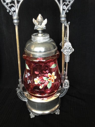 Antique VICTORIAN PICKLE CASTOR Cranberry Coindot Handpainted w/ GORGEOUS INSERT - Picture 7 of 11