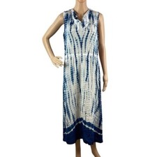 XCVI Small Blue White Tie Dye Sleeveless Midi Dress Crinkle Rayon Cowl Neck