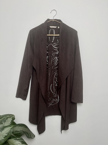 Soft Surroundings Women’s S Brown Faux Suede Robin Lasercut Artsy Open Cardigan - Picture 3 of 10