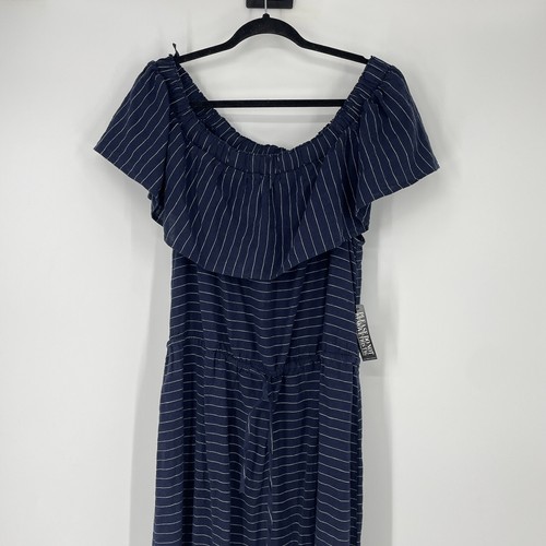 New York & Company Maxi Dress Size L Blue Off The Shoulder Ruffle Stripe NEW - Picture 3 of 6