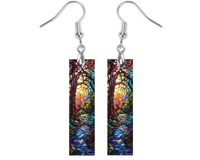 Earrings, Faux Stain Glass Stream Print Wood Bar Printed Earrings Jewelry