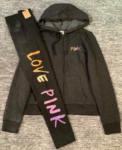 Victoria's Secret Pink Bling Ombre Full Zip Hoodie + Leggings Set Gray Logo L XL - Picture 6 of 12