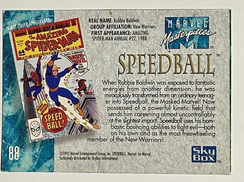 Speed Ball 1992 Marvel Masterpieces Card #88 SkyBox Jusko Comics Anime Foil Veg - Picture 2 of 2