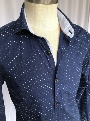 DENIM & FLOWER Mens Cotton Detailed Shirt Navy Pindot, Large - Picture 2 of 8