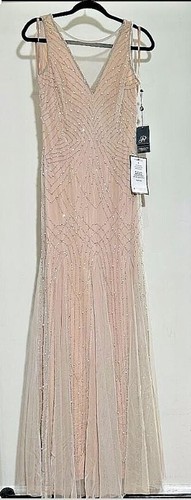 Adrianna Papell Women's Beaded Illusion Godet Gown Silver Nude Sleeveless Size 0 - Picture 10 of 13