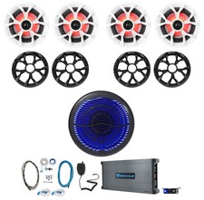  4 Rockville RKL65MBW 6.5" Marine Boat Speakers w/LED 10" Subwoofer Amplifier