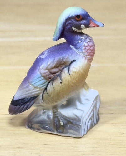 Vintage Miniature Wood Duck Figurine Porcelain Hand Painted Collectible 1.5”