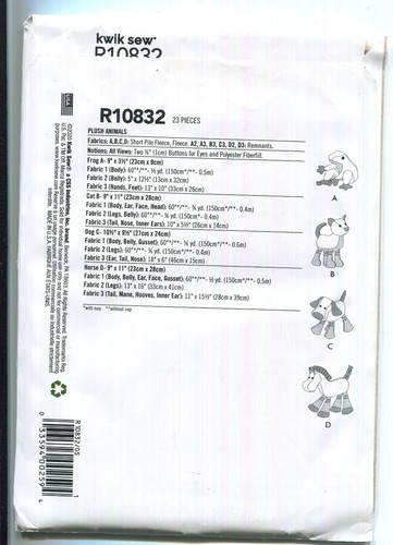 KWIK SEW R10832 PLUSH ANIMALS 4 STYLES UNCUT 2020 - Picture 3 of 3
