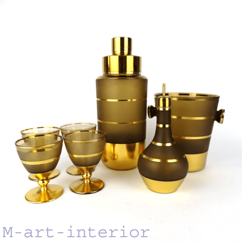 Lot de shakers cocktails Art Déco avec verres et seau à vendu glace verre tchèque PODBIRA 1930/40