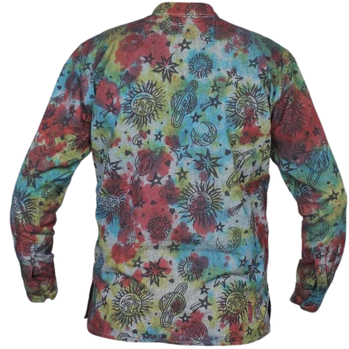Men's Space Tie Dye Henley Shirt, Hand Made Long Sleeve Collarless Casual Shirt - Picture 13 of 42