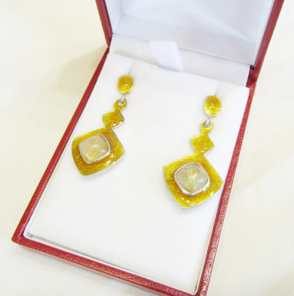 Orecchini in Argento 925 con Quarzo Rutilato e Smaltatura dorata con glitter - Immagine 3 di 4