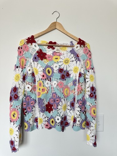 Indigo Thread Womens Small Floral Colorful Crochet Long Sleeve Sweater Top