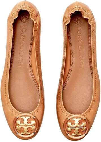 Tory Burch 9,5 Multi Logo hellbraune Ziegenleder Ballerinas mit Karton Top Zustand