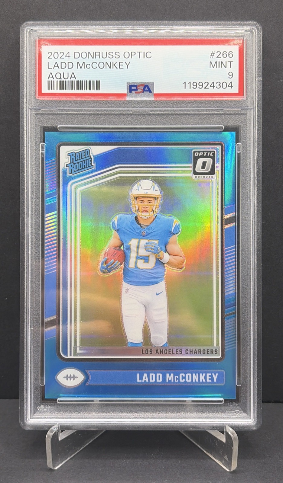 2024 Panini Donruss Optic Rated Rookie Ladd McConkey #266 Aqua Prizm /299 Psa 9