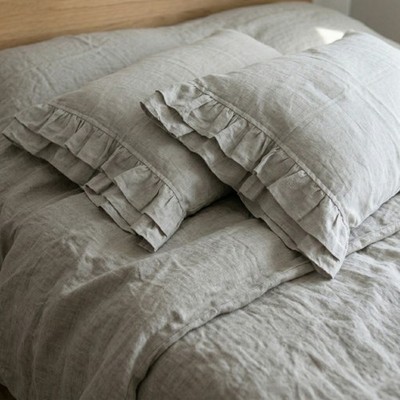 Pillow case with Double Ruffles, 100% Linen Ruffled Sham White or Oatmeal Beige