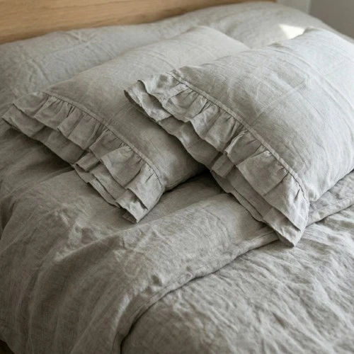 Pillow case with Double Ruffles, 100% Linen Ruffled Sham White or Oatmeal Beige