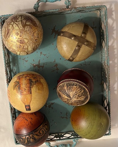 6 Ornate Decorative Balls / Spheres / Orbs With Metal Antique Tray 14" - Picture 13 of 13