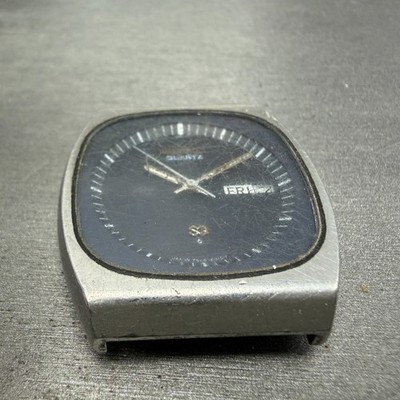 Seiko SQ Watch Men 36mm Blue Dial Silver Tone Rectangle Daydate