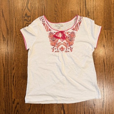 French Laundry Embroidered Boho Peasant Top Tassel Beaded White Pink Large