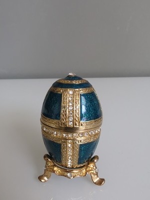 Stauer Blue Enamel Egg Trinket Box Gold Tone Crystals Necklace Pendant Stand Box