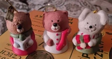 Lot of 3 Vintage JASCO CARING CRITTER CHIMERS Bisque Porcelain Bell Ornaments