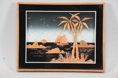 N54Y12- Collage sculpture magasin liège coucher de soleil voilier palmiers îles
