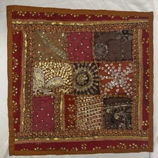 VTG Indian Throw Pillow Cover Beaded Handmade Embroidered Kantha Brown