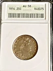 1914 BARBER SILVER QUARTER ANACS AU58