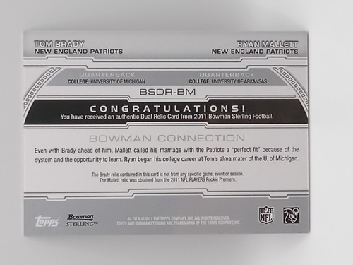 Maglia doppia Bowman Sterling 2011 reliquia Tom Brady/Ryan Mallett Patriots - Foto 2 di 2