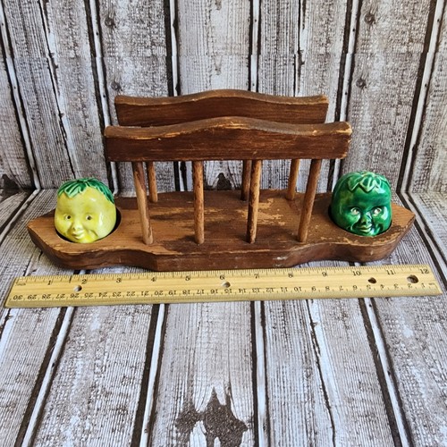 Vintage Holz Serviettenhalter anthropomorphe Salz & Pfefferstreuer Gemüse Gesichter - Bild 7 von 9