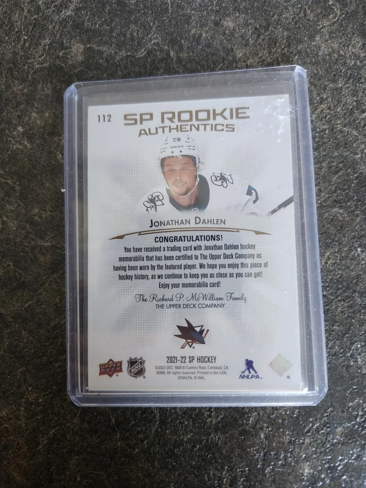 2021-22 SP Rookie Authentics Jersey Jonathan Dahlen Card# 112 - Image 2 of 2