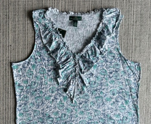 LRL Lauren Jeans Co 1X Indigo Multi Paisley Ruffle V-Neck Tank Top Ralph Lauren - Picture 2 of 13