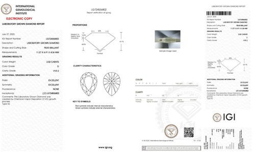 2.02 ct, D-VVS2 Pear Cut Diamond, IGI Certified Diamond, CVD Lab Grown Diamond - Picture 5 of 8