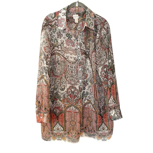 Chico's Paisley Damask Floral Boho Henley Button Tunic Long Sleeve Semi Sheer L