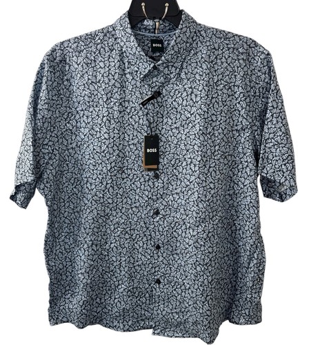 HUGO BOSS Shirt Mens XXL BLUE leaf Pattern REGULAR Fit Stretch Linen Blend NWT - Picture 2 of 12
